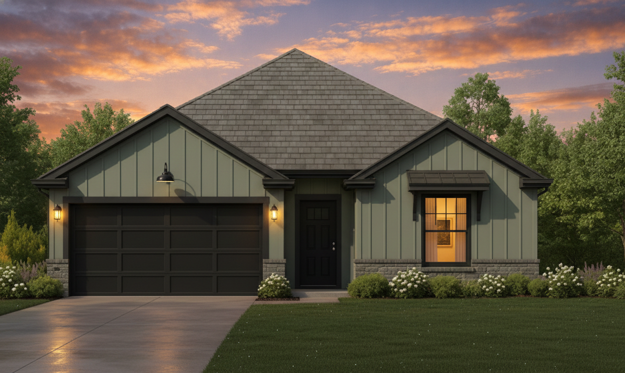 Front exterior of Alta Homes new construction home with stone and brick facade
